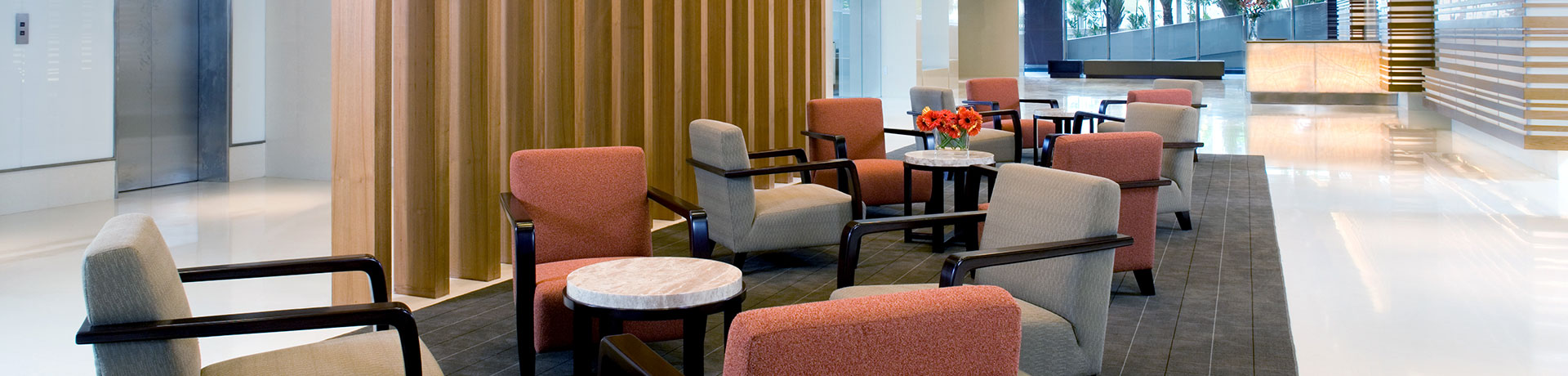 Professionally cleaned upholstery on chairs in an office lobby