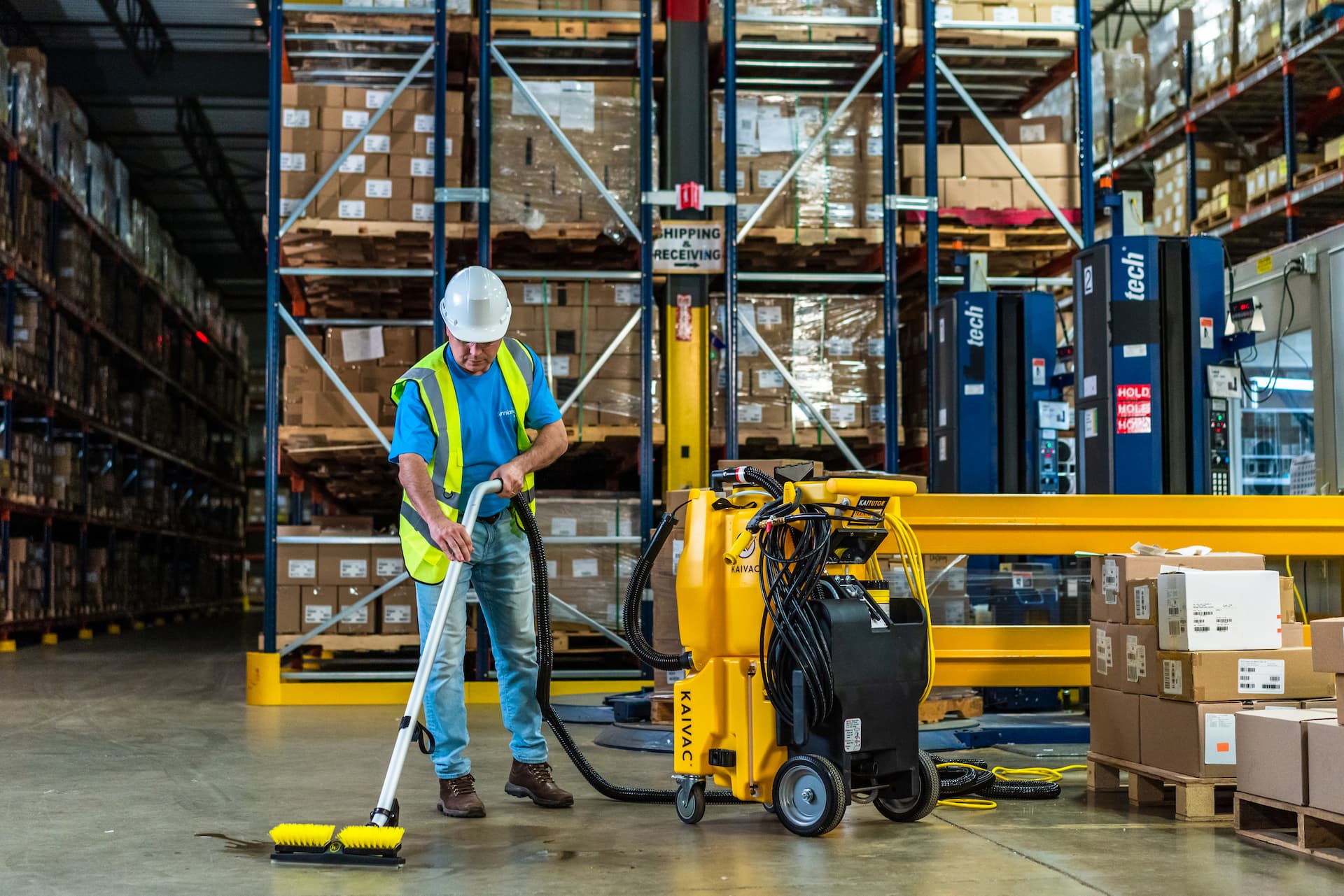 man cleaning a warehouse floor